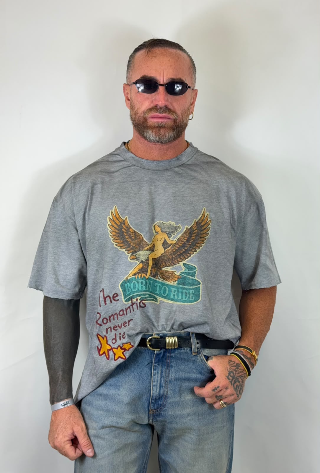 T-shirt over grigia con stampa angelo Born to Ride, vista frontale