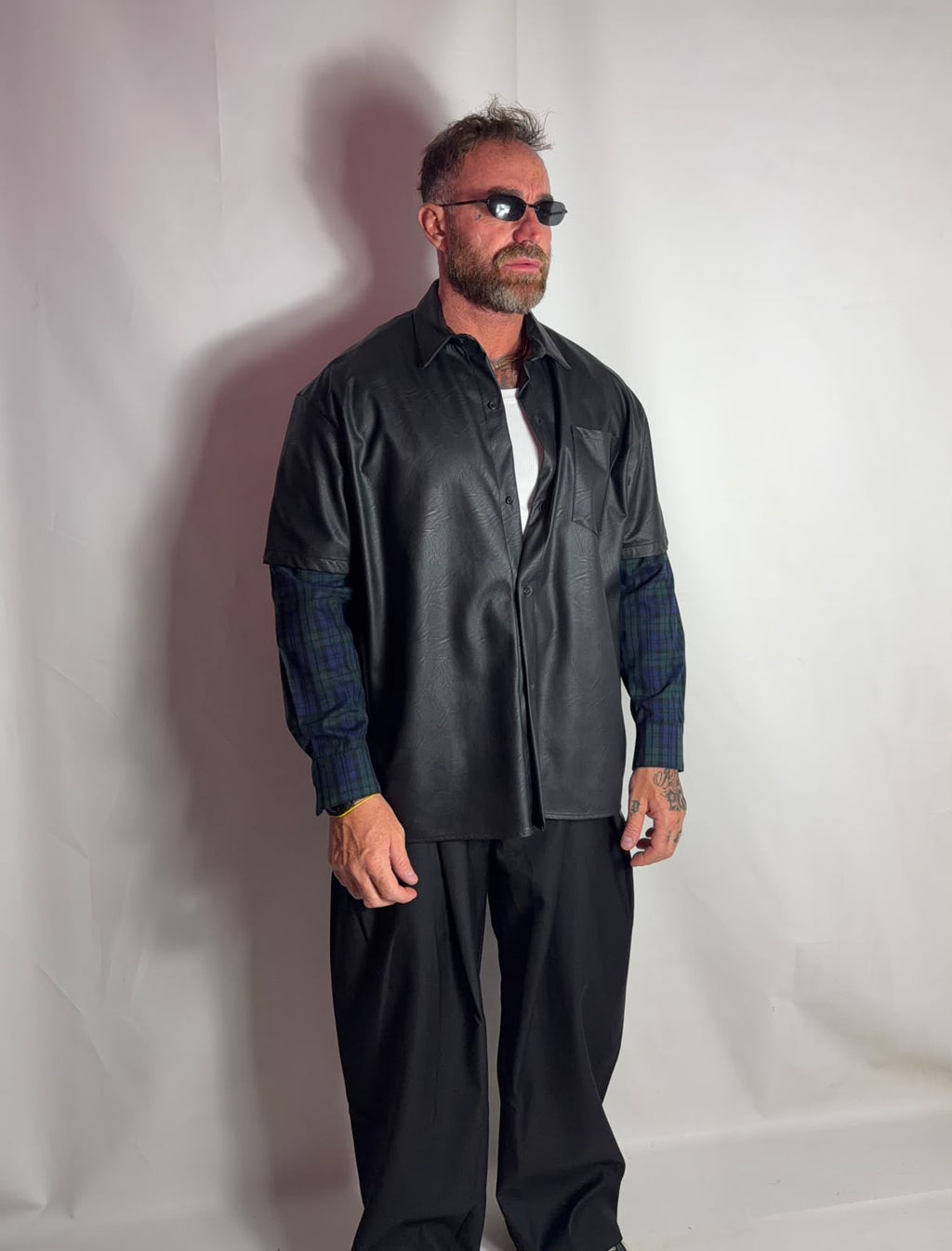 Jacket double eco, dettaglio del colletto, taschino e maniche a quadri